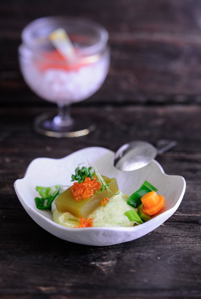 Grüntee Gelee mit Kartoffelcreme